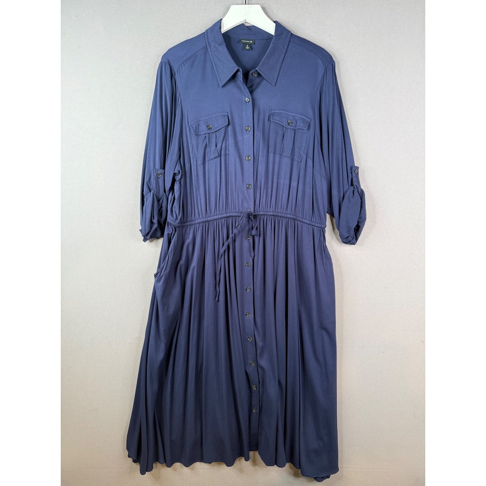 Torrid Shirt Dress Womens 2 2x Navy Blue Midi Waist Defined Roll Tab Sleeve